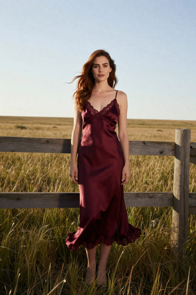 Fictional 27-year-old HuarenLand muse in a burgundy satin slip dress standing in tall meadow grass by a plain wooden fence